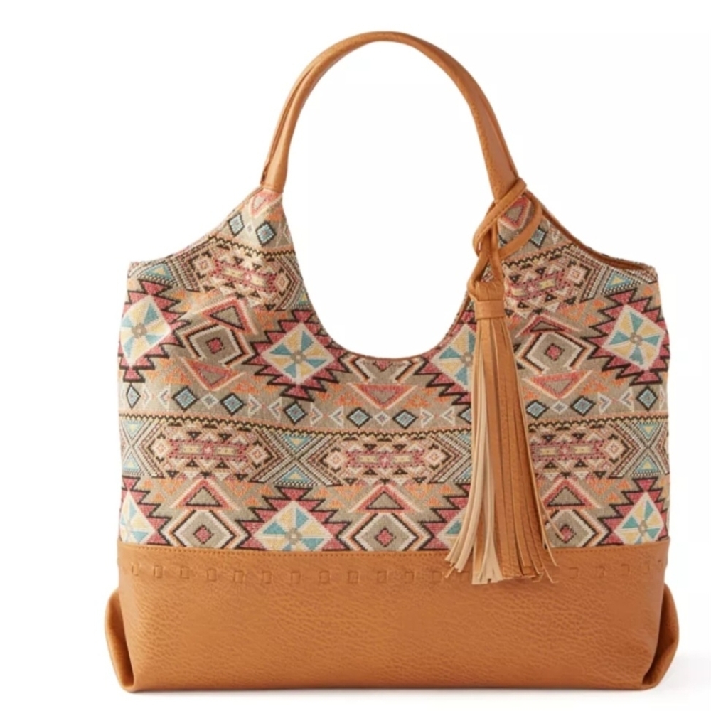 Tan Aztec-Pattern Tote with Tassel - Picture 6 of 7